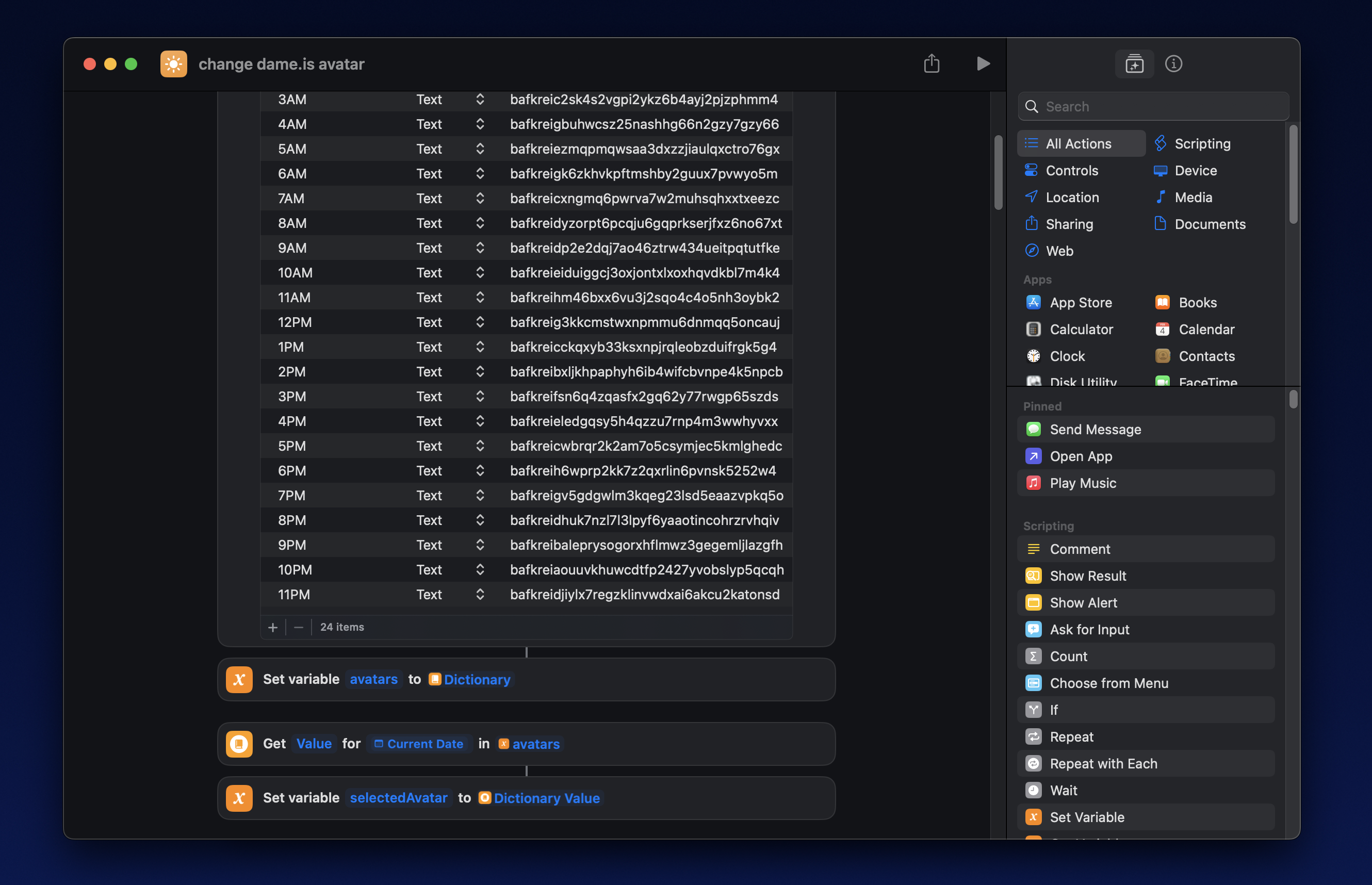 A screenshot of the apple shortcut code that automates the bluesky avatar