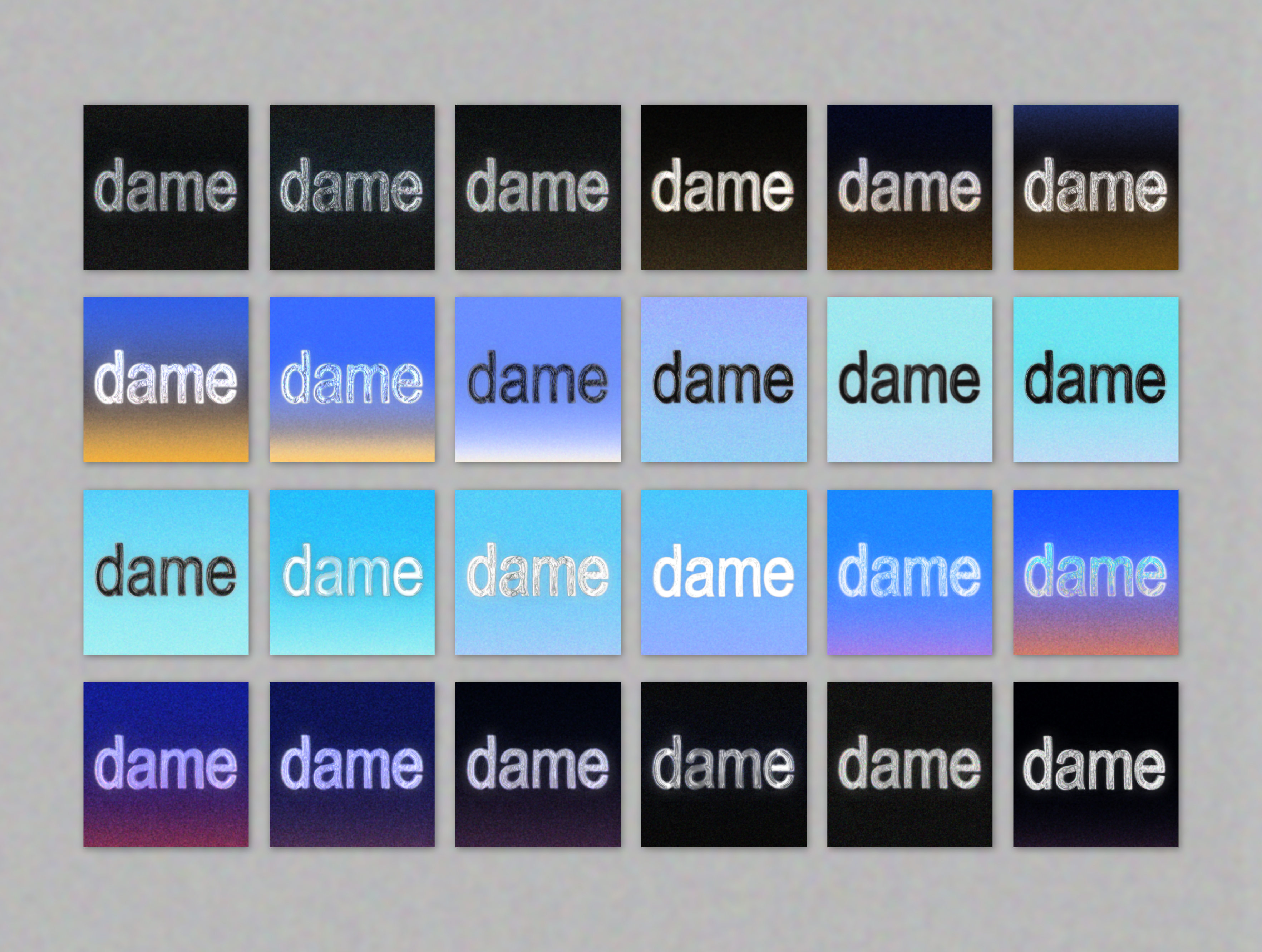 A grid showing all 24 versions of my avatar with various sky gradient backgrounds, one for each hour of the day