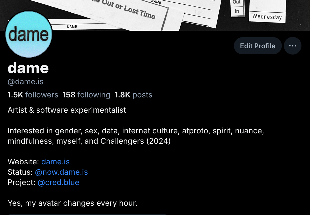 A screenshot of my bluesky profile showing one of the avatar designs