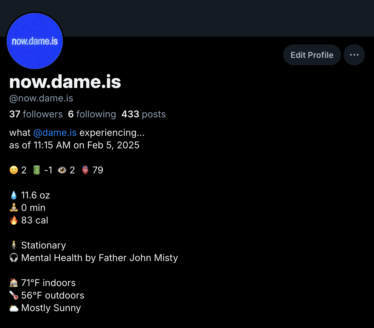 A screenshot of my status update profile showing dynamic data