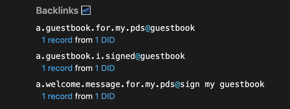 constellation backlinks for the guestbook as seen underneath the record on pdsls.dev