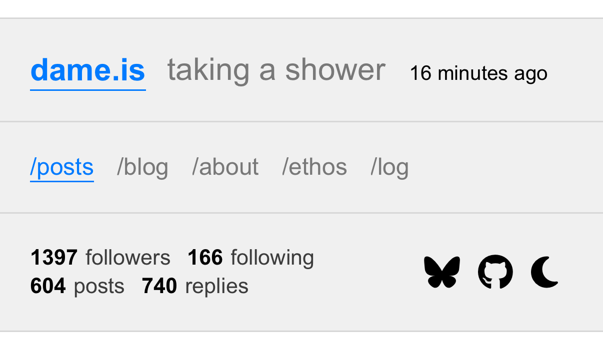 A screenshot of the dame.is website navigation bar that says "dame is taking a shower as of 16 minutes ago