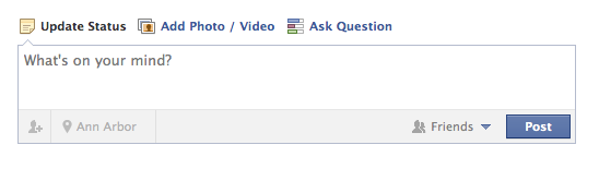 An old screenshot of Facebook showing the newer "what's on your mind?" status prompt