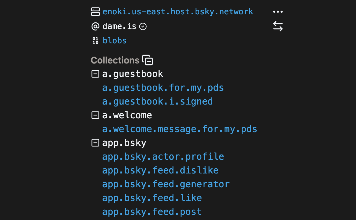 A screenshot of pdsls.dev showing the welcome message lexicons at the top of the collections list
